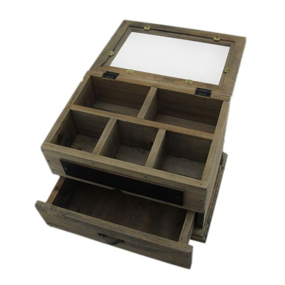 Scratch & Dent Vintage Wood Organizer Storage Box w/Hinged Glass Lid - Picture 2 of 5